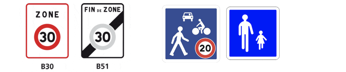 Panneaux de signalisation pour les zones 30 km/h et 20 km/h